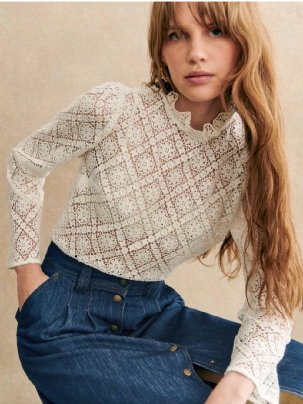 Sezane Eglantine Ecru Guipure Blouse Womens US 2 FR 34 White Romantic Classic